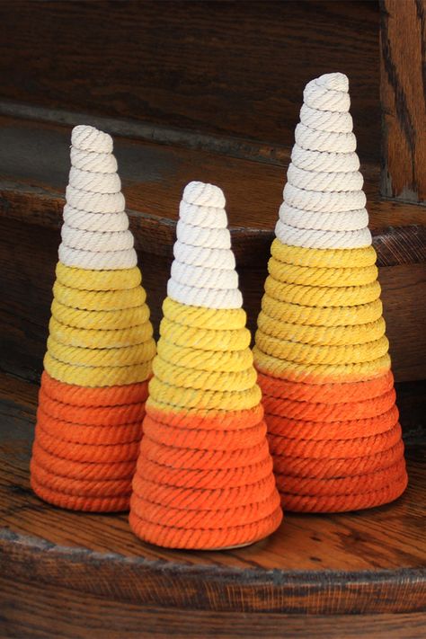 Looking for some fun Halloween decor that isn't all black? Add a pop of colour with this easy Candy Corn Cone DIY! Use it as-is or add your own spooktacular twist to this festive decor. Teacup Gnomes, Corn Decorations, Cones Diy, Candy Corn Decorations, Easy Candy, Fun Halloween Decor, Festive Decor, Candy Corn, Fall Crafts