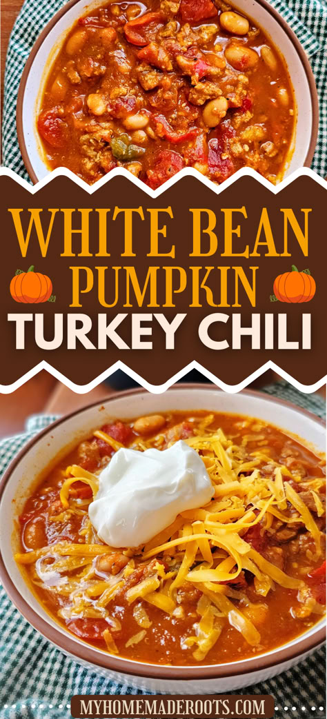 Cozy up with a bowl of White Bean Pumpkin Turkey Chili! This hearty and healthy fall recipe combines lean turkey, creamy white beans, and flavorful pumpkin for a unique twist on classic chili. Perfect for cooler weather and packed with nutritious ingredients, it's an easy and delicious way to warm up. #TurkeyChili #PumpkinRecipe #HealthyComfortFood #FallMeals #ChiliRecipe #EasyDinners" Healthy Fall Stew, Fall Weather Recipes, Fall Soups Dairy Free, Turkey Pumpkin Chili Crockpot, Fall Crockpot Soups And Stews, White Bean Pumpkin Turkey Chili, Chili Recipe Unique, Healthy Pumpkin Recipes Dinner, Healthy Cold Weather Recipes