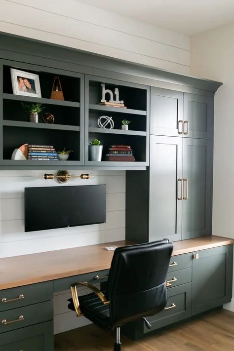 Explore Top 23 Home Office Paint Colors 2024 for Stylish Workspaces - placeideal.com Wall Storage With Desk Built Ins, Office Desk Built Ins, Office Built In Cabinets And Desk, Home Office Seating, Office Nooks, Rachel Weiss, Ikea Home Office, Home Office Built Ins, Ikea Office