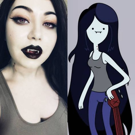 Marceline Cosplay Ideas, Marceline Cosplay Costumes, Black Hair Halloween Costumes Ideas, Marceline Makeup, Marceline The Vampire Queen Costume, Black Hair Costume, Bubblegum Costume, Marceline Vampire Form, Princess Bubblegum Costumes