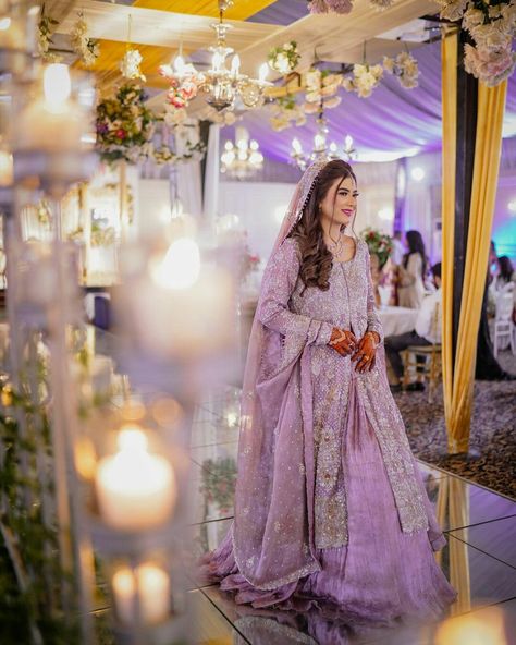 Light Purple Walima Dress, Light Purple Engagement Dress, Purple Engagement Dress, Anarkali With Lehenga, Pakistani Engagement Dresses, Nikah Bride, Pakistani Gown, Mehndi Hairstyles, Bride Collection