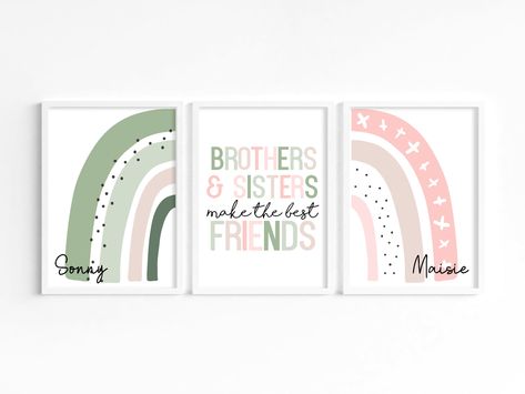 Brother and Sisters wall art, Rainbow bedroom decor, Shared bedroom prints, sibling prints, Sage and pink room, playroom art, sibling room by PrettilyPrintedx on Etsy Sage And Pink Room, Rainbow Bedroom Decor, Sibling Bedroom, Rainbow Decor Bedroom, Sisters Make The Best Friends, Brother And Sisters, Sisters Wall Art, Sibling Room, Rainbow Bedroom