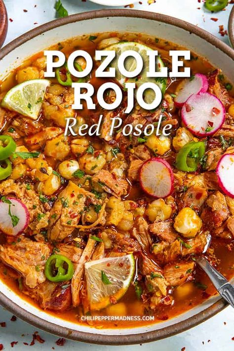 This pozole rojo recipe (posole) is the most comforting Mexican soup loaded with pork and hominy, spiced with vibrant red chilies and lots of toppings. Pozole Recipe Pork, Easy Pozole Recipe, Pasole Recipe, Pozole Rojo Recipe, Posole Recipe, Pozole Recipe, Mexican Soup Recipes, Mexican Soup, Dinner Recipes Easy Quick