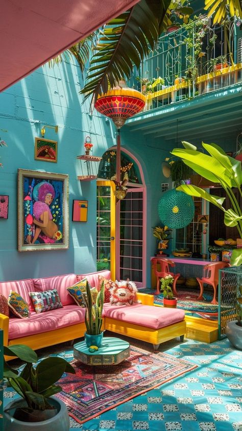 Bright Happy Interior Design, Authentic Living Room, Funky House Design, Colorful Sunroom Ideas, Colorful Rooms Aesthetic, Studio Color Ideas, Colourful Airbnb, Bright Colored Living Room, Colourful Houses Interior