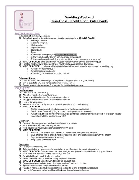 Bridesmaid Schedule, Conference Checklist, Wedding Party Checklist, Bridesmaid Emergency Kit, Bridesmaid Checklist, Wedding Planning Timeline Printable, Wedding Coordinator Checklist, Wedding Day Timeline Template, Party Timeline