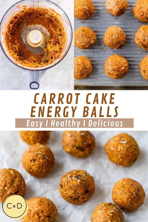 Delicious and easy Carrot Cake Energy Balls that taste like a slice of carrot cake! These no-bake almond butter carrot energy bites are made with creamy almond butter, shredded carrots, heart-healthy walnuts, oats, raisins, coconut and protein powder. Easily vegan & gluten free for the perfect on-the-go snack or breakfast! Protein Balls Carrot Cake, Carrot Protein Balls, Carrot Cake Energy Bites, Carrot Energy Balls, E2m Meals, Carrot Cake Protein Balls, Carrot Cake Energy Balls, Carrot Cake Bites, Recipes By Ingredients