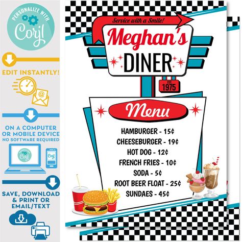 Diner Menu Template Retro Concept, Diner Aesthetic, 1950s Diner, Bar Restaurant Design, 50's Diner, Diner Menu, Diner Party, Diner Sign, 50s Diner