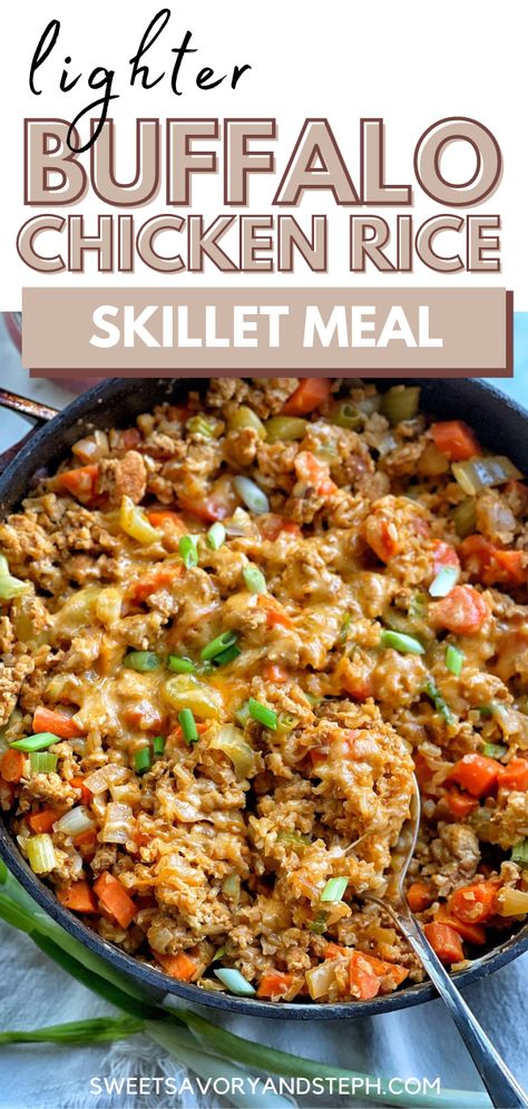 Brown Rice Skillet Meals, Ground Chicken And Brown Rice Recipes, Chicken Veggies And Rice Recipes, Chicken Carrots And Celery Easy Recipes, Ground Chicken Cauliflower Recipes, Dinner With Celery And Carrots, Buffalo Chicken Skillet Dinner, Ground Chicken And Cauliflower Rice Recipes, Rice And Chicken Meal Prep Ideas