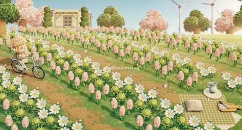 Flower Garden Ideas Anch, Animal Crossing Flower Field Ideas, Acnh Flower Field Layout, Acnh Flower Field Ideas, Acnh Strawberry Farm, Animal Crossing Flower Field, Coquette Animal Crossing Island, Coquette Acnh Island, Acnh Flower Garden Layout Ideas