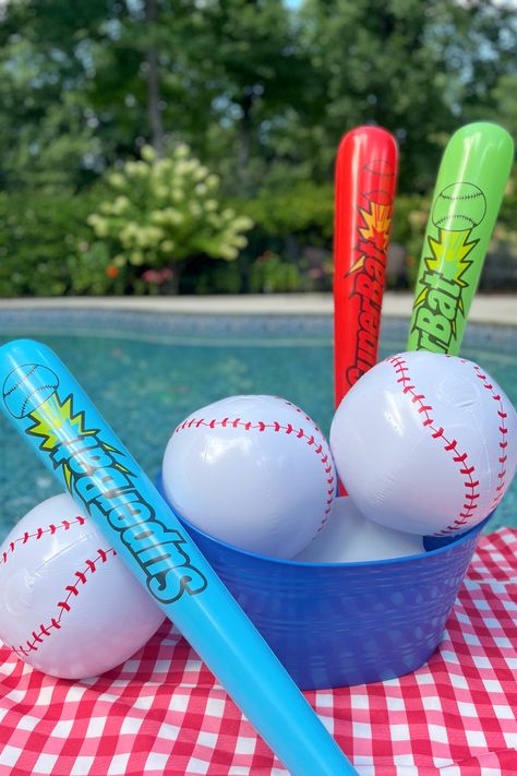 Sports Theme Pool Party, Softball Pool Party Ideas, Teen Boy Pool Party Ideas, Baseball Pool Party Ideas, Baseball Party Ideas For Boys, Baseball Party Games For Kids, Baseball Team Party Ideas, Baseball Party Decorations Ideas, Boys Pool Party Ideas