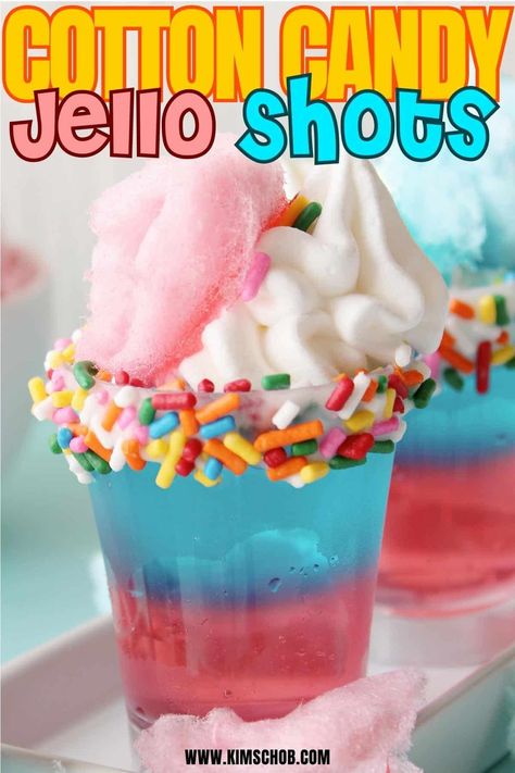 Whip up these irresistible Cotton Candy Jello Shots infused with vodka for your next celebration. This easy and delicious layered jello shot will delight your taste buds with its sweet cotton candy flavor. Celebrate today and follow our simple recipe to take your party to the next level!  #jelloshots #cottoncandy Yummy Jello Shots Recipes, Vodka Jello Shot Recipes, Candy Drinks Alcohol Recipes, Whipped Vodka Jello Shots, Layered Jello Shots, Jello Shots With Whipped Vodka, Whipped Cream Vodka Jello Shots, Jello Shots With Whipped Cream Vodka, Jello Shots Whipped Vodka