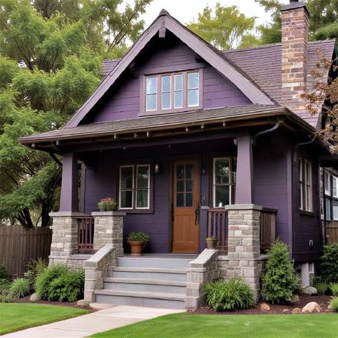 20 Purple House Exterior Ideas That Go Beyond the Grape Purple Home Exterior Color Schemes, Dark Purple House Exterior, Mauve House Exterior, Funky House Exterior, Purple Exterior House Colors, Purple House Exterior, Purple Victorian House, Purple Bungalow, Craftsman Style Homes Exterior Color