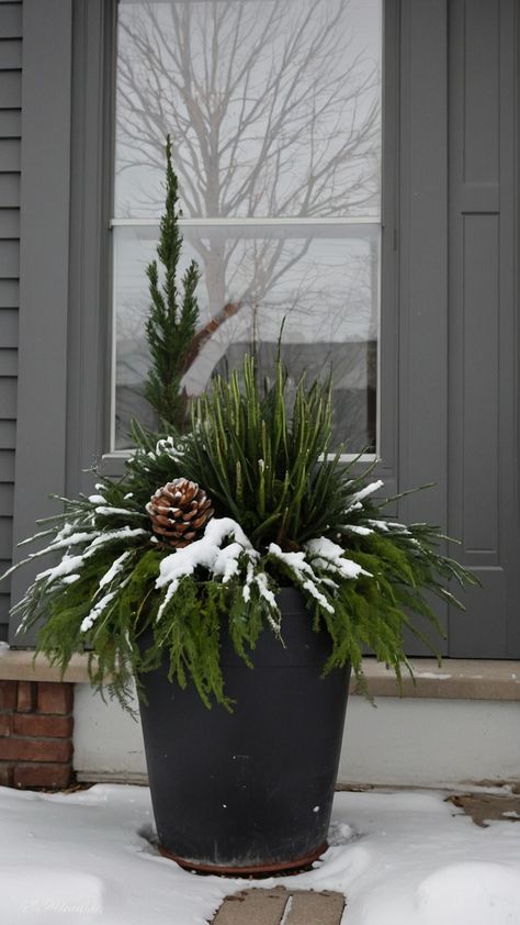 Transform your front porch into a winter wonderland with these easy DIY outdoor winter planters Embrace the beauty of fall with simple and fake tall Christmas decorations using birch branches lanterns and pansies Bring a touch of the UK farmhouses to your home this season Winter Potted Plants Front Porches, Winter Planter Ideas Outdoor, Winter Porch Pots Ideas, Winter Potted Plants, Outdoor Planters Front Door, Winter Planters Front Porches, Winter Front Door Decor, Planter Arrangements, Winter Front Porch Ideas