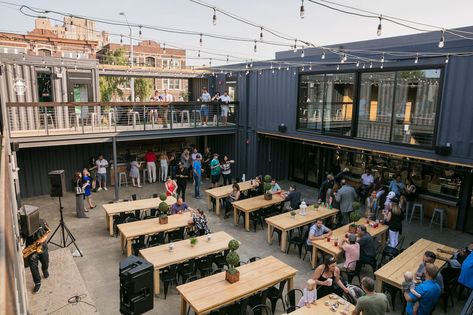 Sport Snacks, Shipping Container Restaurant, Food Court Design, Detroit Restaurants, Container Restaurant, Container Cafe, Outdoor Restaurant Design, Container Bar, Food Park