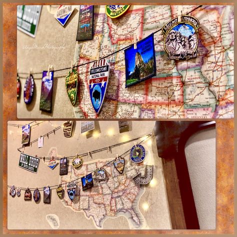 My DIY idea for displaying travel patches, photos, campsite maps and any other trip mementos. Battery operated fairy lights work on a timer and come on every evening making them a great night light or accent lighting. Travel Stickers Display Ideas Rv, Display Travel Stickers, Camping Patches Display, Travel Patches Ideas, Display Patches Ideas, Patches Display Ideas, Patch Collection Display, Travel Stickers Display Ideas, Display Patches