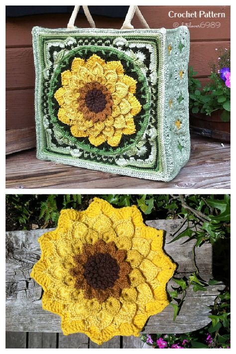 Sunflower Bag Free Crochet Patterns - DIY Magazine Tote Bag Crochet Pattern, Sunflower Bag, Tote Bag Crochet, Garden Tote Bag, Bag Crochet Pattern, Crochet Sunflower, Diy Magazine, Crochet Handbags Patterns, Crochet Fall