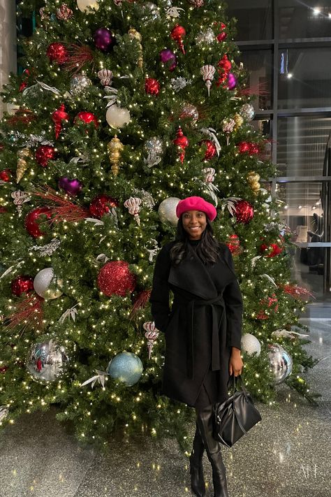 Black woman wearing a pink beret, black coat, black purse and black boots in front of Christmas tree Ballet Recital Outfit Guest, Nutcracker Ballet Outfit Ideas, Nutcracker Outfit, Night At The Ballet, Nyc 2023, Ballet Outfit, Ballet Recital, Ballet Core, Ballet Clothes