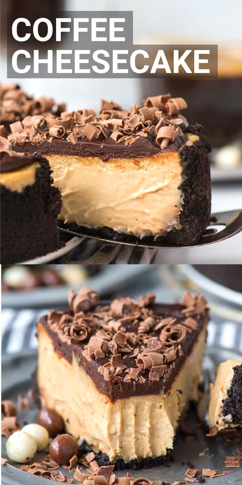 slice of coffee cheesecake with chocolate curls on metal spatula Dessert Recipes For A Crowd, Espresso Cheesecake, Recipes For A Crowd, Coffee Cheesecake, Cheesecake Dessert, Big Coffee, Dessert Aux Fruits, Oreo Crust, Cheesecake Desserts