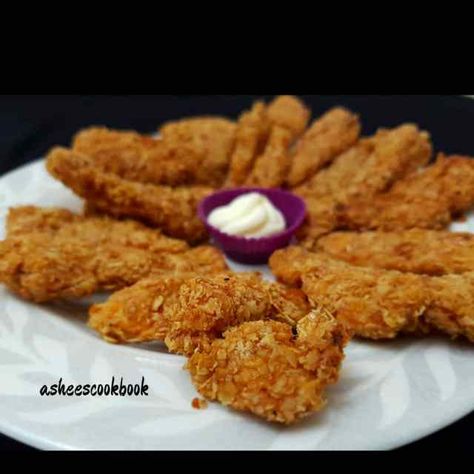 Chicken Strips ..((Oats Coated)) Recipe | Ashee's CookBook Oats Chicken Recipes, Snack Prep, Soya Sauce, Chicken Strips, Pepper Powder, Tender Chicken, Red Chilli, Egg Rolls, Chilli Powder