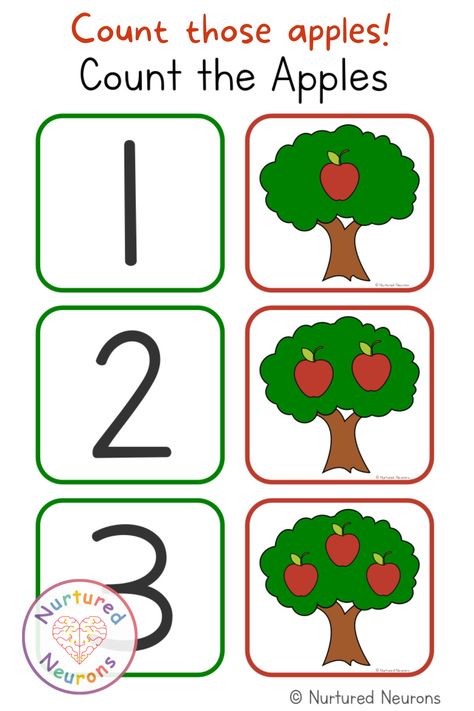 This apple counting game is a great fall activity for kindergarten and preschool! By carefully counting the apples, your little ones will get the chance to develop their number sense and counting and number recognition skills! This math activity is super easy to prep and you can grab it over at Nurtured Neurons today! #preschoolmath #kindergartenmath #fall #fallactivity #earlymath #countinggame #mathprintable #math #apples #fallmath #mathcenters Apple Tree Counting Activity, Apple Counting, Activity For Kindergarten, Apple Math, Diy Montessori, Fall Activity, Apple Activities, Fall Math, Counting Games