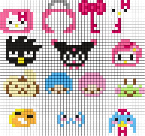 Sanrio Locket And Charms Perler Bead Pattern | Bead Sprites | Characters Fuse Bead Patterns Friends Pixel Art, Easy Perler Bead Patterns, Pearl Beads Pattern, Easy Perler Beads Ideas, Fuse Bead Patterns, Easy Pixel Art, Hello Kitty Friends, Hama Beads Design, Perler Bead Templates