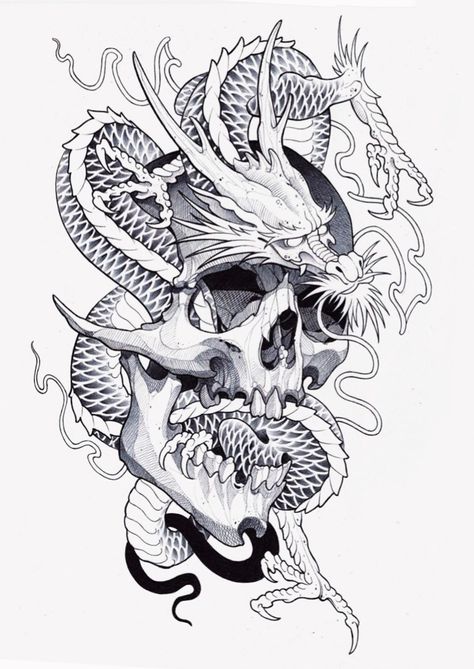 Skull And Dragon Tattoo, Dragon With Skull Tattoo, Dragon And Skull Tattoo, Dragon Skull Tattoo, Dragon Tattoo With Skull, Dragon Tattoo Stencil, Foo Dog Tattoo Design, Skull Dragon, Foo Dog Tattoo