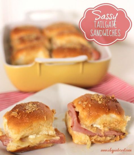 Sassy Tailgate Sandwiches. Just about everything is cuter in mini form, don’t you think?  The same can be said about these yummy pint-sized ham and cheese sliders.  Not only are they fun and little, but they’re packed with lots of flavor from the crusty Parmesan topping to the cream cheese spread to the soft, sweet Hawaiian rolls that hold it all together. #sliders #sandwiches #appetizers #nyeappetizers #nye #slidersandwiches Sassy Sandwiches, Tailgate Sandwiches, Tailgating Food, Most Pinned Recipes, New Year's Eve Appetizers, Cheese Sliders, Diy Easy Recipes, Sandwich Ideas, Crockpot Dinners