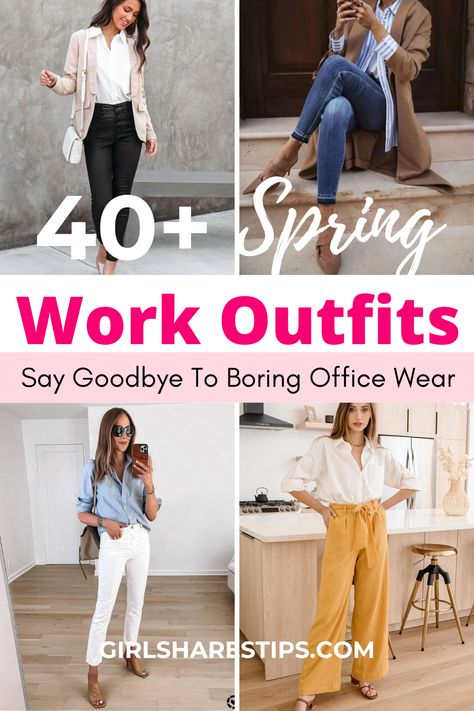 Looking for the perfect office outfit this spring? Whether you are headed to an important meeting, a casual office event, or just need an everyday work look, having the right wardrobe is key to feeling confident and comfortable at work. From lightweight blazers and trousers to skirts and blouses, check this post for the most stylish options to help you create a casual business look that is both fashionable and appropriate for the office. | casual work outfits | business casual outfits for women Work Outfit Inspo Spring, Casual Chic Work Outfit Office Wear, Monday Business Casual Outfit, Spring 2024 Work Outfits For Women, 60 Degree Weather Outfit Spring Work, Business Casual Friday Outfit, Cute Spring Work Outfits, Monday Office Outfits Women, Smart Casual Style Women