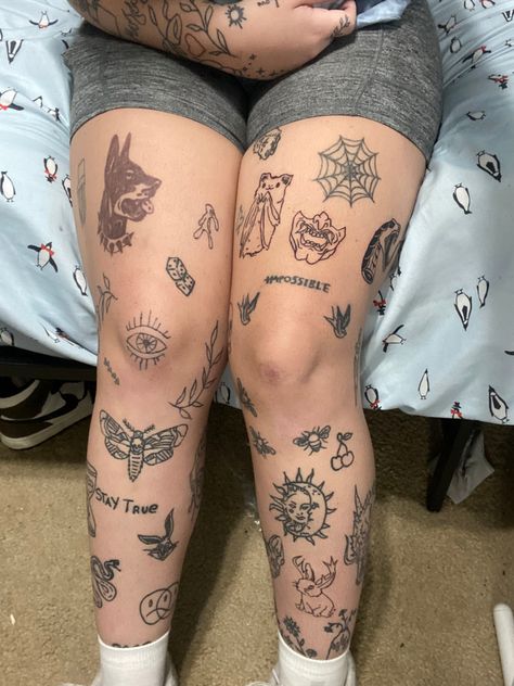 Random Tattoo Leg Sleeve, Patchy Leg Tattoos, Tattoo Legs For Woman, Patchwork Tattoos On Women, Legs Full Of Tattoos, Patchwork On Legs Tattoo, Lower Leg Patchwork Tattoos, Tattoo Inspo Patchwork, Sticker Tattoo Leg Sleeve