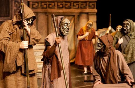 The costuming, props, set and mask show a really good idea of what the Greek theatre looked like Ancient Greek Costumes, Ancient Greek Clothing, Greek Chorus, Greek Plays, Ancient Greek Theatre, Greek Theatre, Drama Masks, Greek Costume, Classical Greece