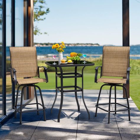 Devoko Patio Swivel Bar Set 3 Pieces Patio High Top Bar Table and Stools Chairs Set Textilene Sling Fabric Outdoor Bar Stools Set of 2 for Garden, Balcony High Top Bar Table, Outdoor Patio Bar, Bar Table And Stools, Outdoor Bistro, Bistro Table Outdoor, 3 Piece Dining Set, Table Bistrot, Patio Bar Table, Patio Bar Stools