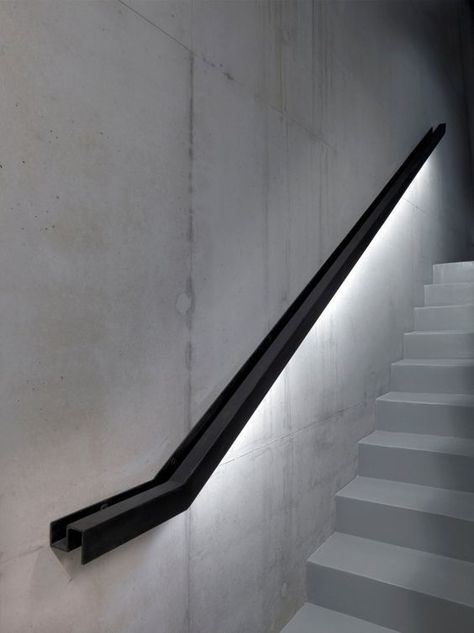 13 industrial metal handrail with LED lights underneath - DigsDigs Stairs Lighting, Metal Handrails, Stairway Lighting, Handrail Design, Staircase Handrail, Escalier Design, Staircase Lighting, Stair Case, Stair Handrail