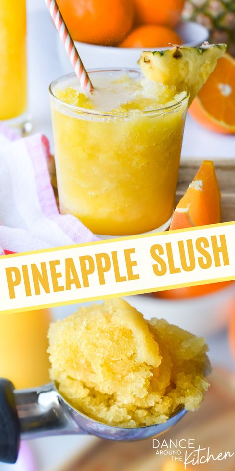 Pineapple Slush is easy to throw together, refreshing and so incredibly delicious! Perfect any time of year, including those hot summer days and winter holiday parties!  #Pineapple #Slushie #FrozenDrink #Orange Pineapple Slush Alcohol, Summer Slushies Non Alcoholic, Yellow Slushie, Pineapple Slushie Recipe, Freezer Slushies With Alcohol, Orange Slushie Recipe, Frozen Fruit Slush Recipes, Frozen Slush Recipes, Fruit Slush Recipes