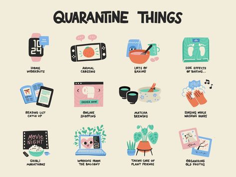 Quarantine Things by ✨ Lilla Bardenova ✨apple watch baking cute hobbies home illustration matcha nintendo switch plants procreate reading stickers vector خريطة ذهنية, Love The 90s, Clear Mind, Self Care Activities, Show And Tell, Self Care Routine, Self Improvement Tips, Reading Lists, Self Improvement