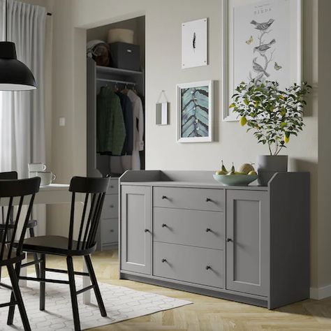 HAUGA Sideboard - gray - IKEA Grey Living Room Furniture, Ikea Sideboard, Grey Furniture Living Room, Sideboard Grey, Dining Room Sideboard, Entrance Table, Buffet Console, Painted Drawers, Side Board