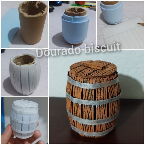 Step by step wood barrel made of foam, cardboard roll and EVA #tutorial #diorama #barrel Miniature Barrel Diy, Miniatures Tutorials Dnd, Diorama Diy Tutorials, Cardboard Diorama, Diy Barrel, Diorama Diy, Barrel Art, Dnd Diy, Dnd Crafts