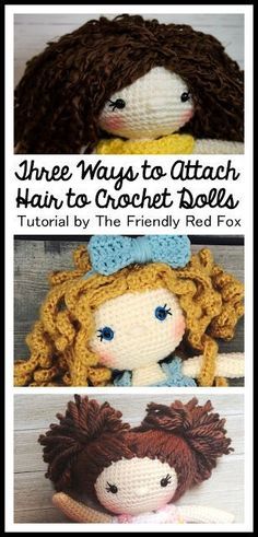 How to Attach Hair to a Crochet Doll- attaching yarn hair, ringlets and pigtails and pony tails! Crochet Doll Tutorial, Nosara, Crochet Dolls Free Patterns, Crochet Amigurumi Free, Crochet Doll Clothes, Doll Tutorial, Crochet Doll Pattern, Doll Hair, Crochet For Kids