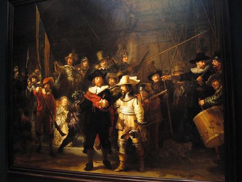 The Night Watch by Rembrandt van Rijn, 1640 - 1642. Rembrandt painted The Militia Company of Captain Frans Banning Cocq between 1640 and 1642. This picture was called the Nachtwacht by the Dutch and the Night Watch by Sir Joshua Reynolds. The Night Watch, Rembrandt Paintings, Istoria Artei, Night Watch, Most Famous Paintings, Rembrandt Van Rijn, Baroque Art, Johannes Vermeer, European Paintings