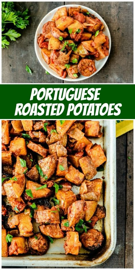 Portuguese Roasted Potatoes recipe from RecipeGirl.com #portuguese #roasted #potato #potatoes #sausage #recipe #RecipeGirl Portuguese Potatoes, Baking Potatoes, Portuguese Sausage, Roasted Potato, Types Of Potatoes, Sausage Dishes, Roasted Potato Recipes, Pork Stew, Sausage Recipe