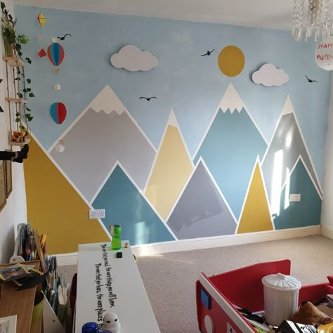 Wall Mountain Painting, Playroom Mountain Wall, Kids Bedroom Wall Painting Ideas Boys, Nursery Ideas Wall Paint, Kids Mountain Mural, Kids Room Mountain Wall, Mountains Wall Painting, Kids Mountain Bedroom, Painted Mountains On Wall