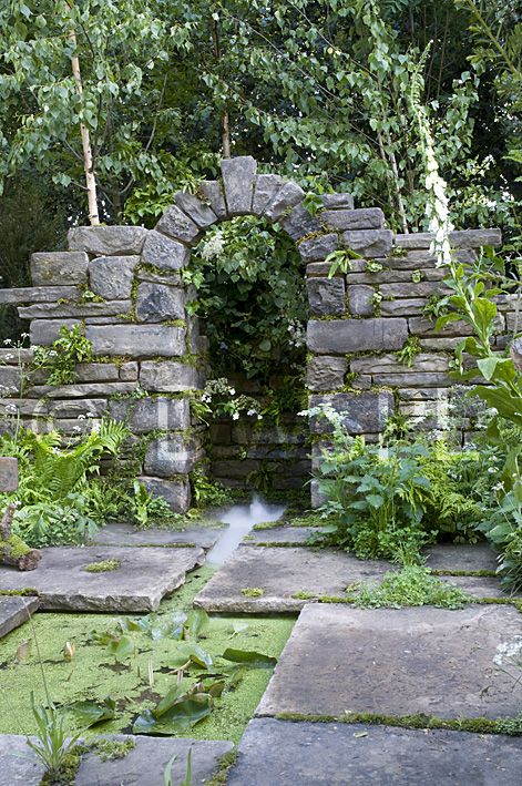 Stone Archway Garden, Old Stone Wall Garden, Small Garden Pond, Stone Garden Wall, Old Garden Gates, Stone Monument, Medieval Garden, Rock Arch, Old Stone Wall