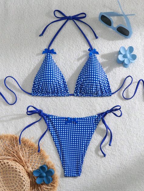 SHEIN Swim Women's Vacation Butterfly Decor Checked Halter Neck Sexy Bikini Set, Printed, RandomI discovered amazing products on SHEIN.com, come check them out! Bikinis Shein, Plaid Bikinis, Butterfly Decor, Cami Bodysuit, Beach Blue, Traje Casual, Butterfly Decorations, Shorts Casual, Cute Swimsuits