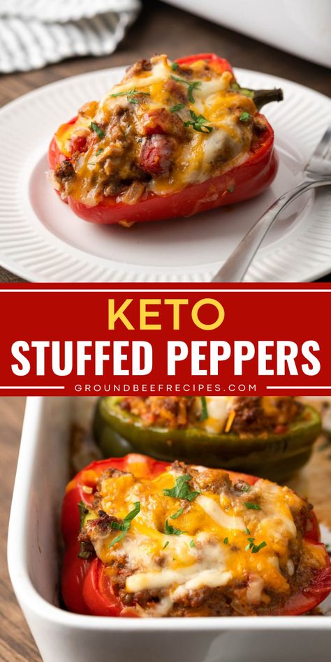 Want a delicious home-cooked meal? You'll love these keto peppers with cauliflower rice and ground beef! Not only are these keto stuffed bell peppers cheesy and meaty, but they are also low-carb and gluten-free. Put them on your rotation of weeknight dinner recipes! Gluten Free Stuffed Peppers, Stuffed Bell Peppers Ground Beef, Fresh Cheese Recipe, Low Carb Stuffed Peppers, Stuffed Peppers Beef, Keto Stuffed Peppers, Stuffed Peppers Healthy, Healthy Ground Beef, Keto Beef