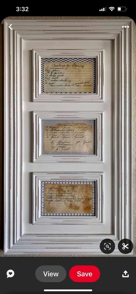 Family Recipe Display, Framed Recipes In Kitchen, Family Heirloom Display, Photo Organization Storage, Framed Recipes, Southern Virginia, Antiques Decor, Heritage Scrapbooking, Inside Decor