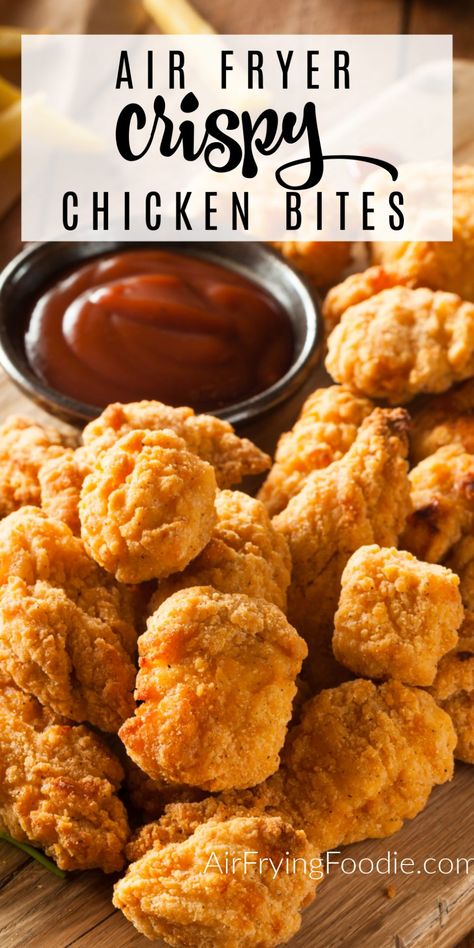 These Crispy Air Fryer Chicken Bites are made with fresh chicken dipped in egg and then a blend of seasonings and finally crispy fried in the air fryer. PLUS, we are sharing 25 of our FAVORITE chicken recipes to make in the air fryer. Instant Pot Air Fryer Recipes Chicken, East Air Fryer Chicken, Airfryer Recipes Easy Lunch, Homemade Popcorn Chicken Air Fryer, Friday Night Dinner Ideas Air Fryer, Air Fryer Chicken Breaded, Battered Chicken In Air Fryer, Chicken Recipes In The Air Fryer, Air Fryer Chicken Nugget Recipes