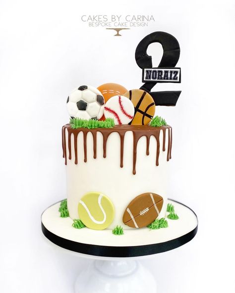 Cakes By Carina on Instagram: “A sports Ball Cake for little Noraiz’s 2nd birthday yesterday. I don’t know the original designer to credit them but this was a design…” Sports Themed Birthday Cakes For Boys, Born 2 Ball Birthday Cake, Balls Party Theme 2nd Birthday, Born Two Ball Birthday Cake, Lets Have A Ball Birthday Cake, Sports Cake Ideas, Sports Ball Birthday Cake, Sports Ball Party Theme 2nd Birthday, Sports Ball Cake