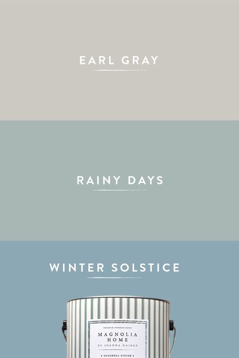 Cozy up this season with a quick & easy paint color change that will transform your home with inspiration from Joanna Gaines. Earl Gray is a light pale gray. Rainy Days is a powder blue with a slight overcast gray tint. Winter Solstice is a washed denim blue. Find these shades, and more, online or in stores. Rainy Days Paint Color, Joanna Gaines Paint, Cool Winter Color Palette, Magnolia Paint, Lakeside Living, Winter Color Palette, House Color Palettes, Cool Winter, Bedroom Wall Colors