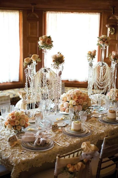 The Jazz Age: Great Gatsby Inspired Wedding Decor | Minnesota Bride Magazine 1920s Table Decorations, 1920s Tablescape, Pearl Tablescape, Pearl Themed Party, Vintage Tablescape, Great Gatsby Prom, 1920's Party, Great Gatsby Themed Wedding, Tablescape Wedding