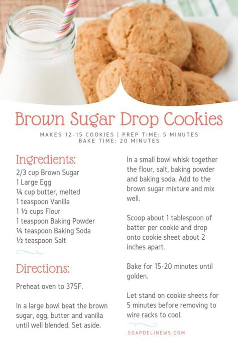 How To Make Homemade Cookies, Homemade Cookies Recipes, Sugar Drop Cookies, Chili Carne, Homemade Cookie Recipes, Brown Sugar Cookie Recipe, 1950s Food, Easy Homemade Cookies, Drop Cookie Recipes