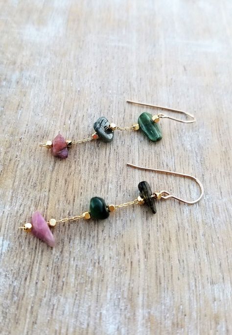 Tourmaline Gemstone Dangle Earrings Gold, Gemstone Chip Earrings, Three Stone Earrings, Tiered Earrings, Pink and Green 2 Inch Earrings Gemstone Chip Earrings, Natural Stone Jewelry Diy, Tumbled Stone Jewelry, Natural Stone Earrings Handmade, Gemstone Chips Jewelry, Chip Bead Jewelry, Chip Jewelry, Chip Earrings, Pebble Jewelry